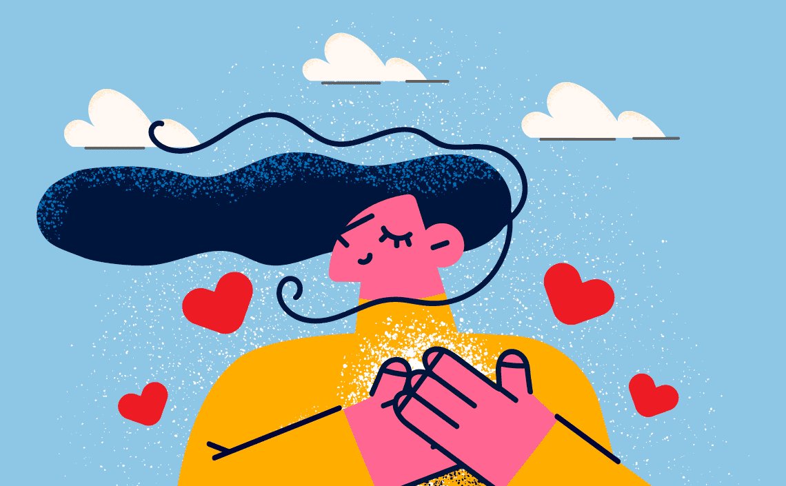 An illustration of a woman with her hands on her heart and heart shapes floating around her